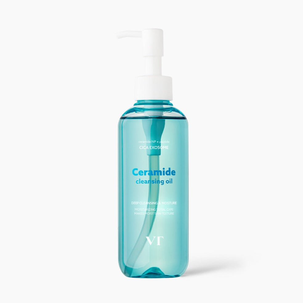 VT COSMETIC Ceramide Aqua Cleansing Oil 200ml en flacon bleu clair, marque VT Cosmétique, sur fond blanc