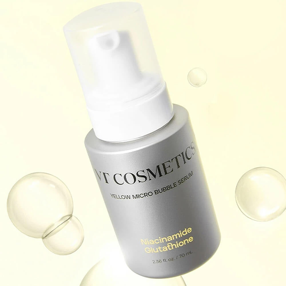 VT COSMETICS Niacinamide Glutathione Yellow Microbubble Serum 70ml, bouteille blanche/grise avec microbulles, fond clair.