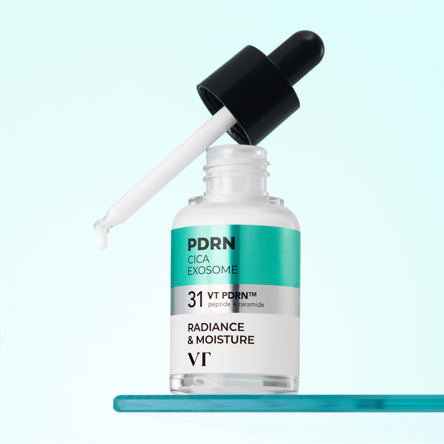 VT COSMETICS R5 PDRN Firming Ampoule 30ml, sérum PDRN Cica Exosome VT, flacon goutte-pipette fond bleu clair