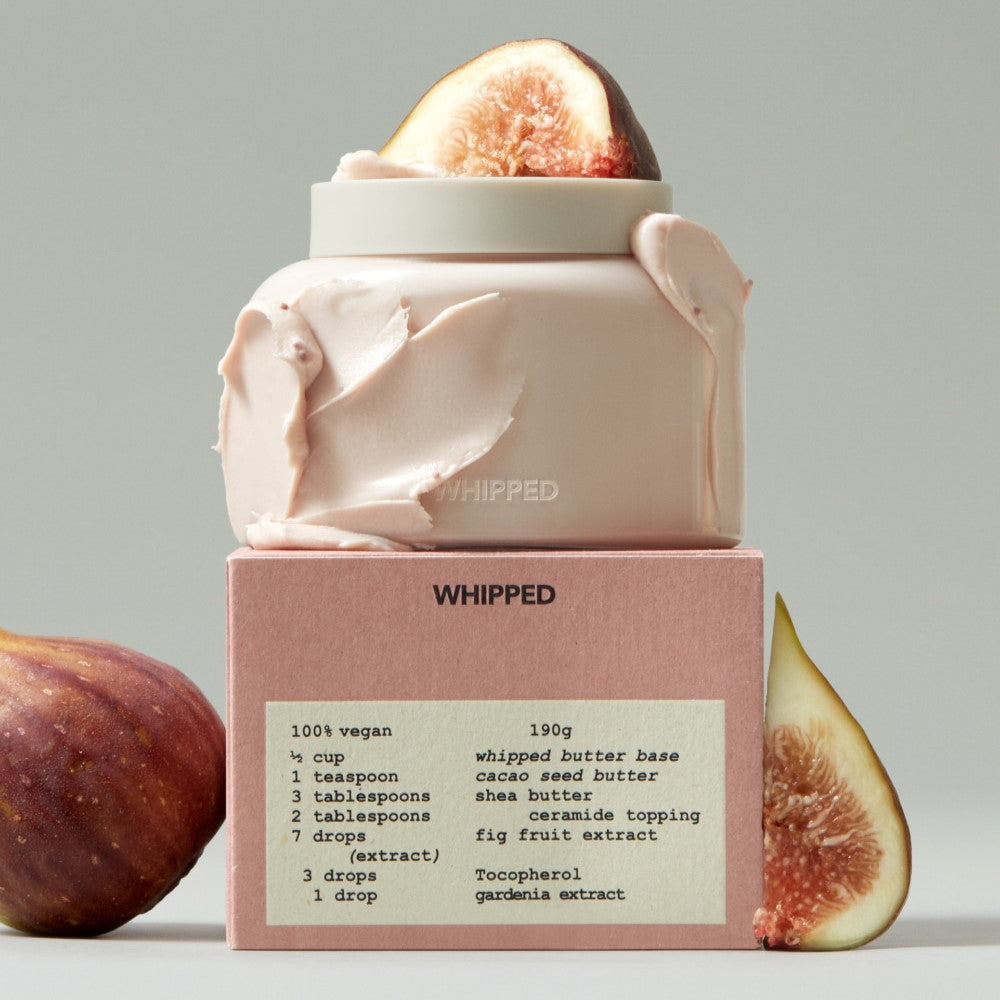Ma Petite Corée WHIPPED Vegan Topping Body Butter 190g with fig extract, shown with pink packaging and fig slices.