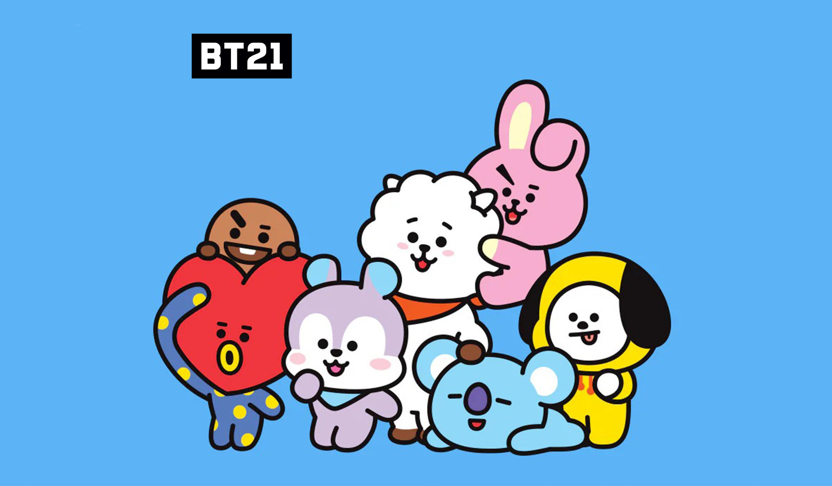 BT21 character group illustration with chimmy, tata, cooky, koya, rj, shooky and mang, cute cartoon fan art