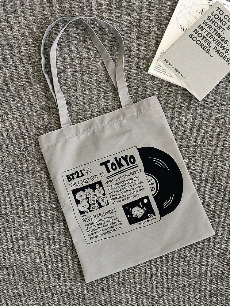 BT21 ECO BAG TOKYO CITY EDITION LINE FRIENDS : tote grise avec visuel Tokyo et personnages BT21 sur fond tissu, sac officiel