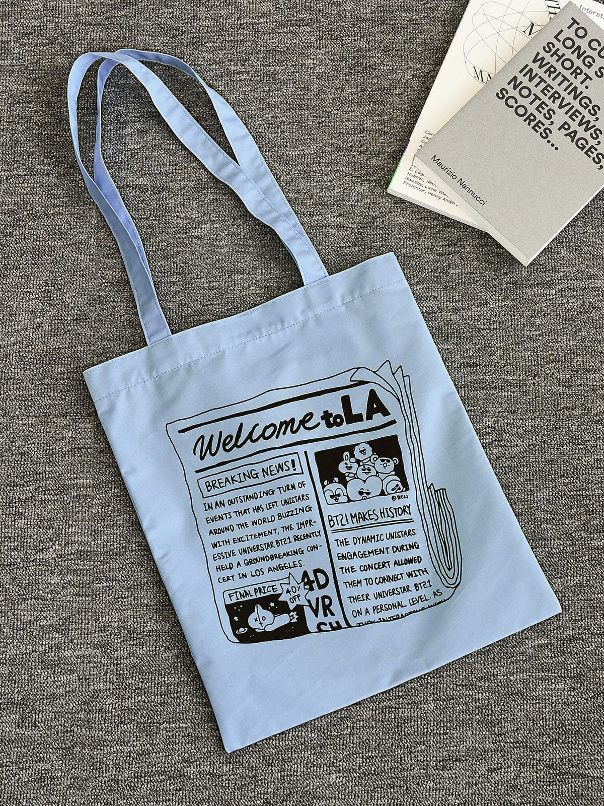 BT21 ECO BAG LA CITY EDITION, sac/ pochette LINE FRIENDS bleu sur tissu gris, imprimé “Welcome to LA” et personnages BT21