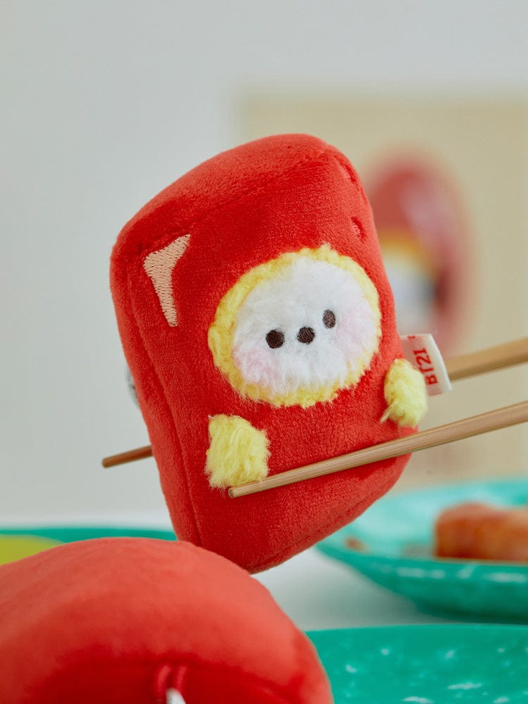 BT21 CHIMMY minini PLUSH KEYRING BUNSIK : porte-clés peluche CHIMMY rouge sur fond bleu, style K-pop officiel.