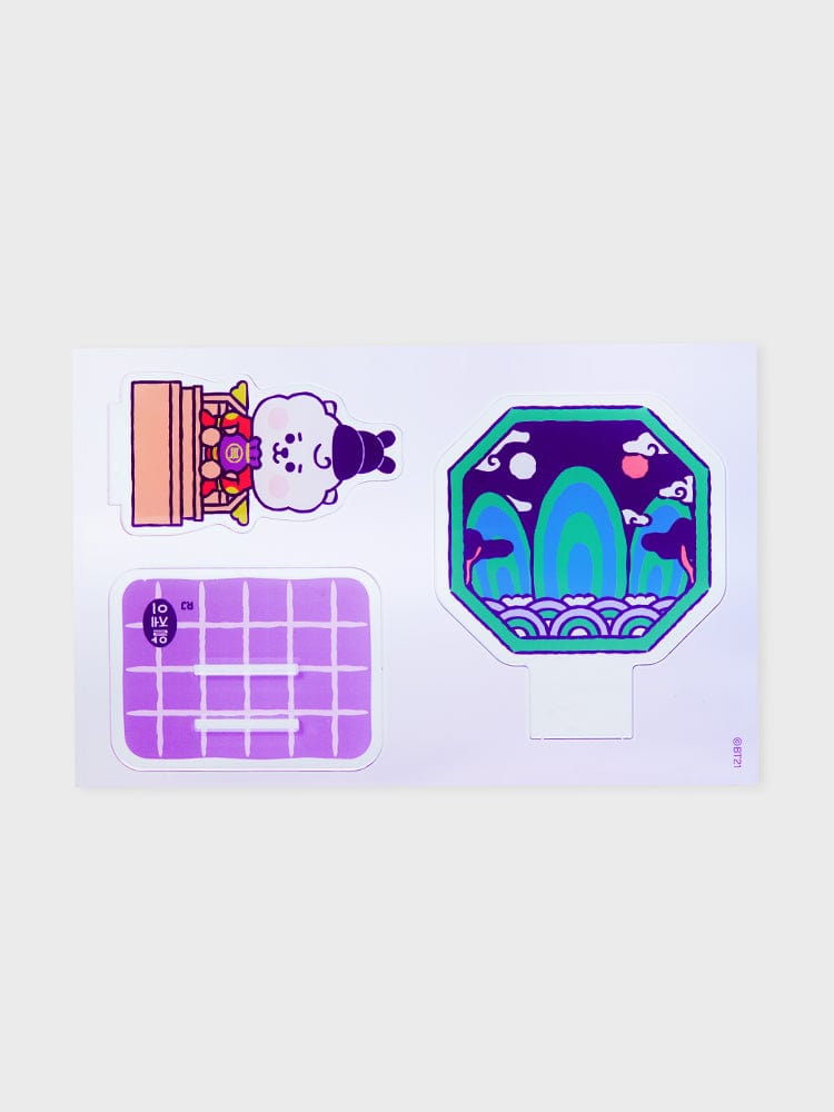 BT21 RJ BABY ACRYLIC STAND K-EDITION ver.2, décor papeterie LINE FRIENDS avec RJ alpaga, fond violet et vert.
