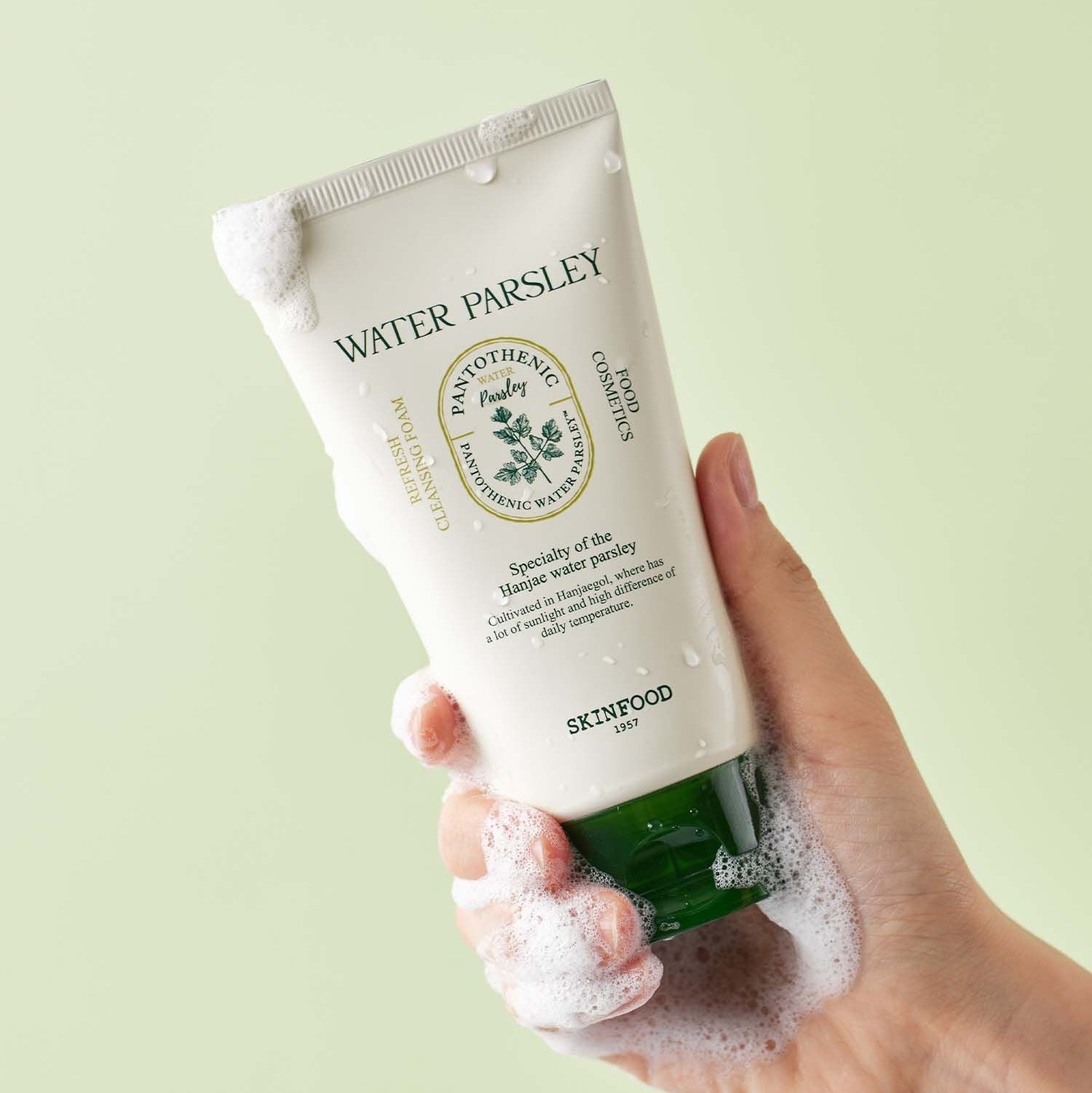 SKINFOOD Pantothenic Water Parsley Refresh Cleansing Foam 150ml : tube avec mousse, main, fond vert clair, concept soin visage