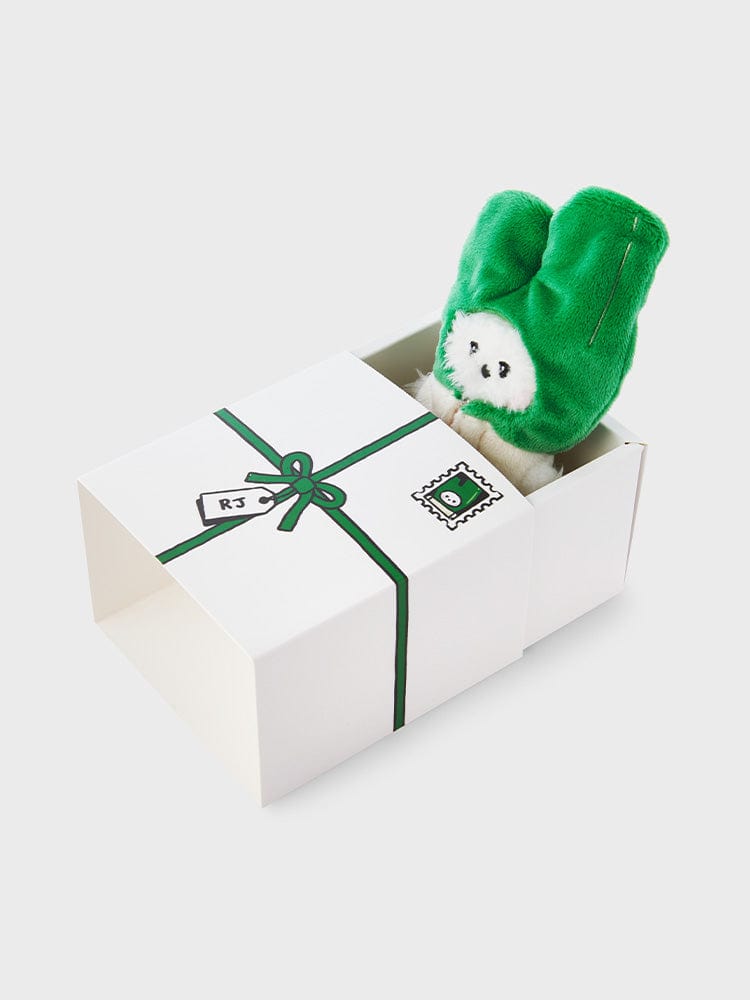BT21 RJ mini minini VEGGIE DOLL peluche officielle de la marque BT21, alpaga vert, dans une boîte cadeau blanche.