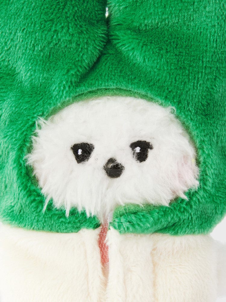 BT21 RJ mini minini VEGGIE DOLL : peluche alpaga RJ officielle Jin BTS en tenue végétale verte, gros plan.