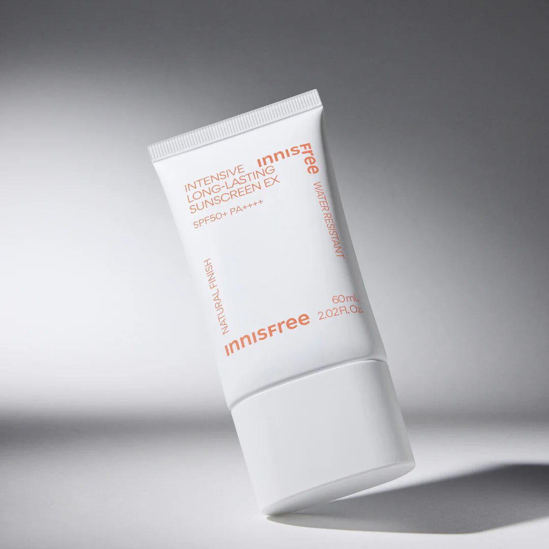 INNISFREE Intensive Long-Lasting Sunscreen EX 60ml, tube blanc sur fond clair; marque INNISFREE, photo produit.