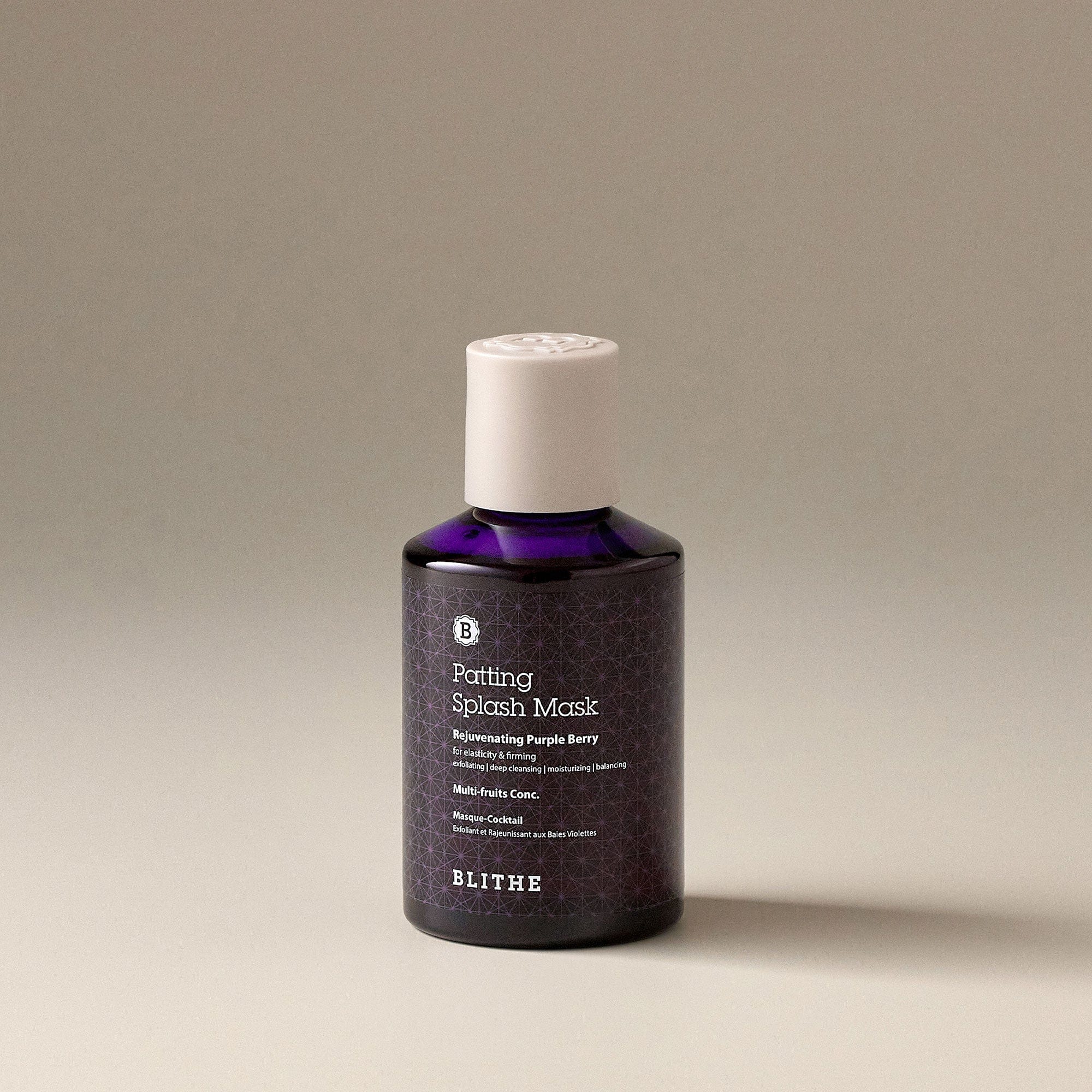 BLITHE Patting Splash Mask Rejuvenating Purple Berry 70ml/150ml : flacon violet sur fond clair, masque splash anti-âge.