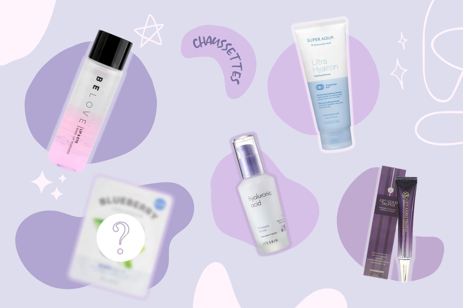 Produits de soin dans la Kbeauty Box d'Aout 2022, comprenant lotion tonique, crème hydratante, et sérum hyaluronique.