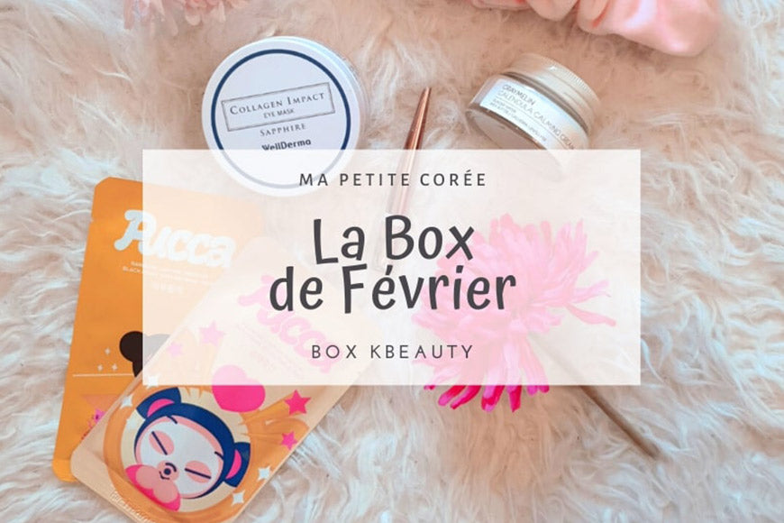 Produits de skincare de la BOX KBEAUTY : LA BOX DE FEVRIER avec masques et crèmes sur fond de tissu doux.