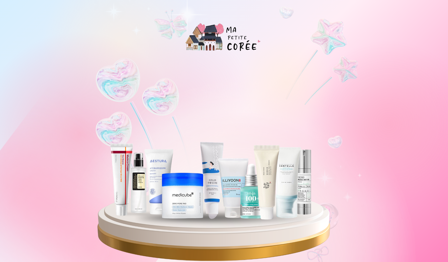 Tout juste arrivés : Les 10 nouveautés K-Beauty les plus tendances à essayer ce mois,ci—sélection soins sur présentoir blanc et rose