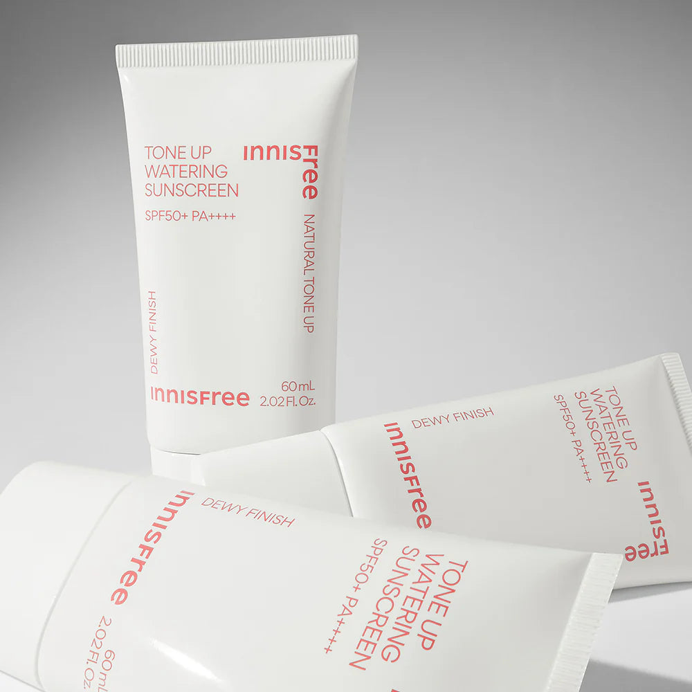 INNISFREE Tone Up Watering Sunscreen 60ml, crème solaire hydratante, marque INNISFREE en tube sur fond clair