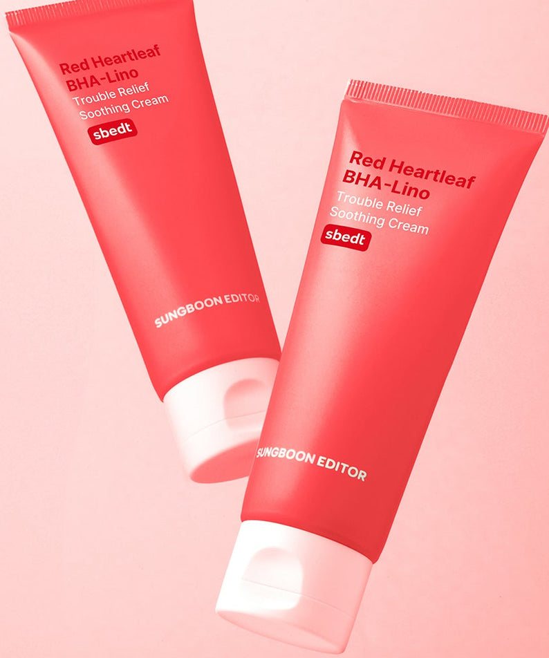 SUNGBOON EDITOR Red Aloe Vera Baha Reno Trouble Relief Soothing Cream, tubes rouges sur fond clair pastel.