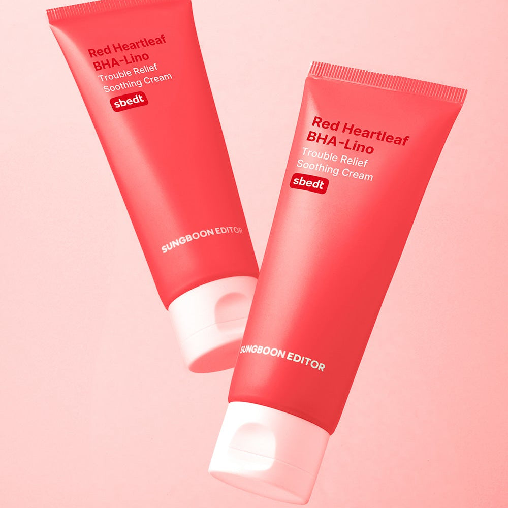 SUNGBOON EDITOR Red Aloe Vera Baha Reno Trouble Relief Soothing Cream, tubes rouges sur fond clair pastel.