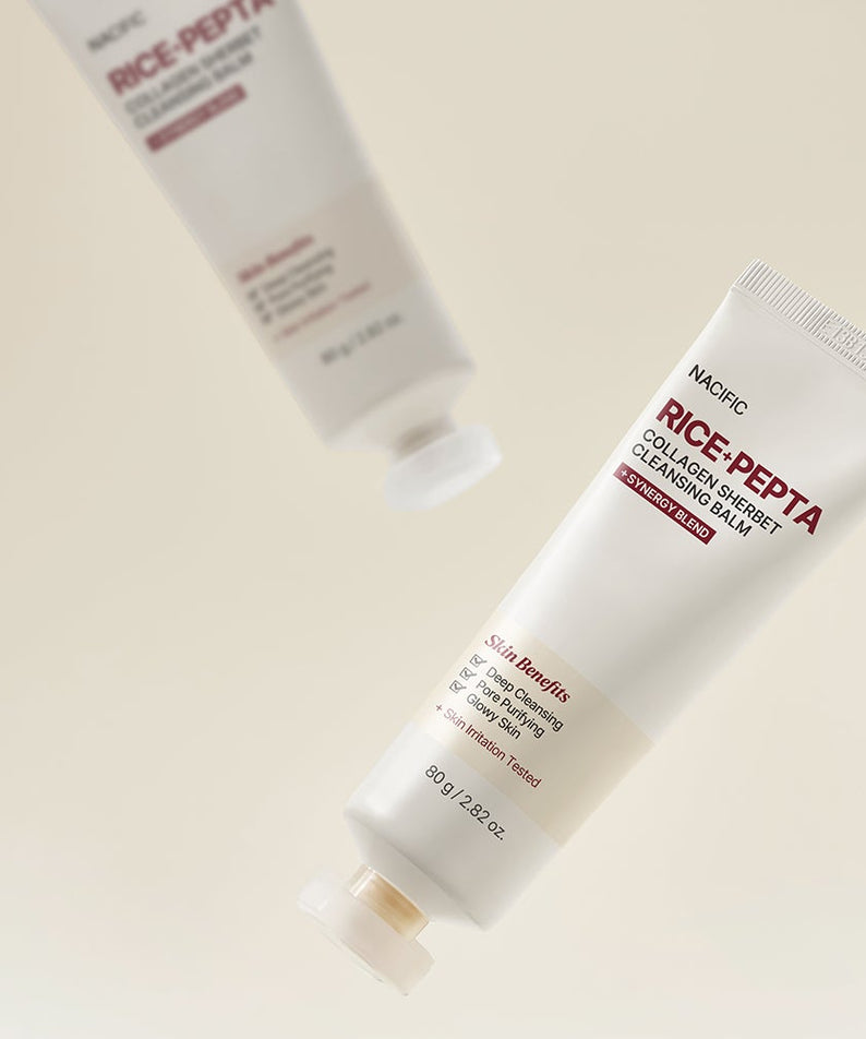 Deux tubes de NACIFIC Rice Pepta Collagen Sherbet Cleansing Balm 80g en lévitation, idéal pour le soin de la peau.
