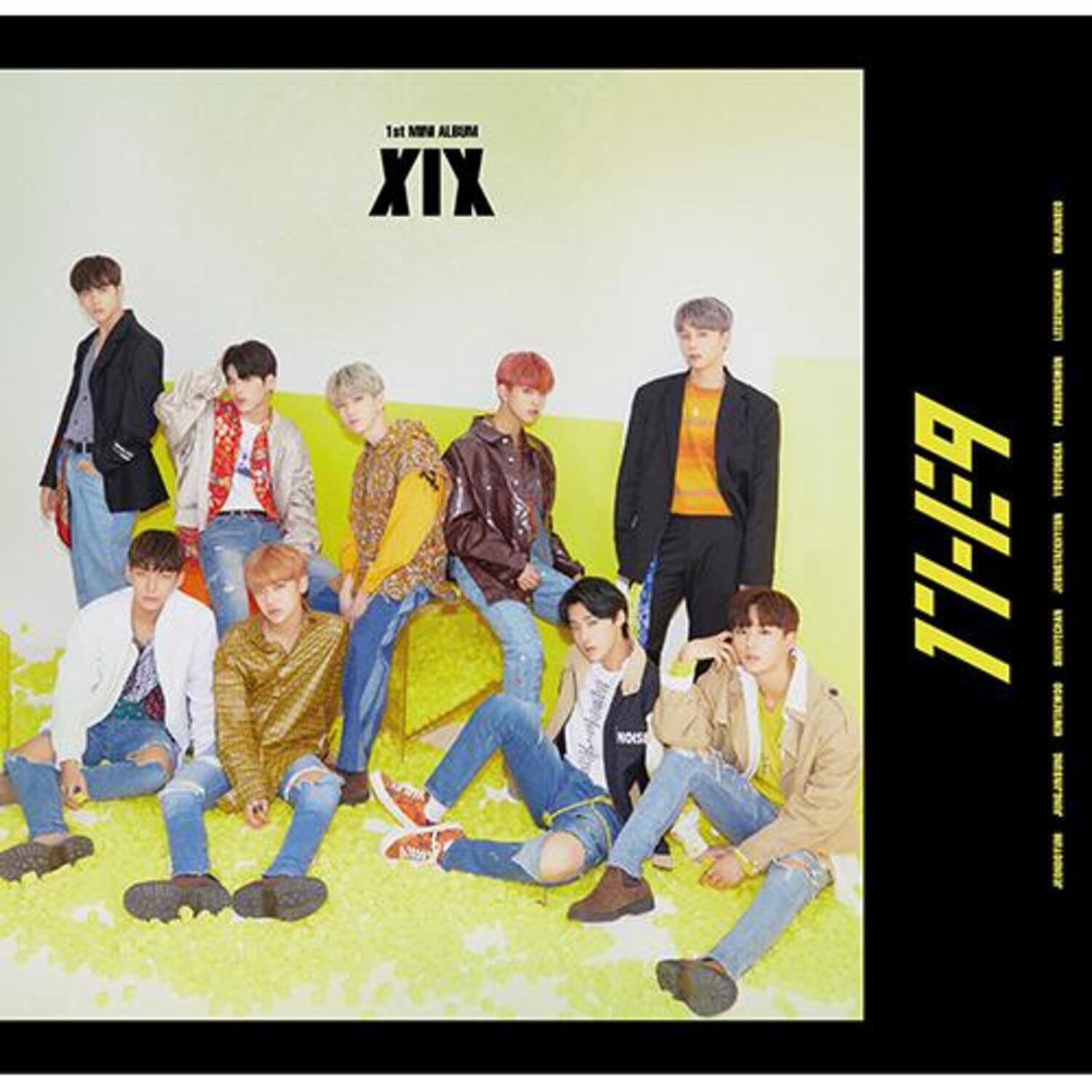 1THE9 - 1st Album [XIX] - Album Kpop : couverture avec 1THE9 en poses, fond jaune, pour fans de l’album