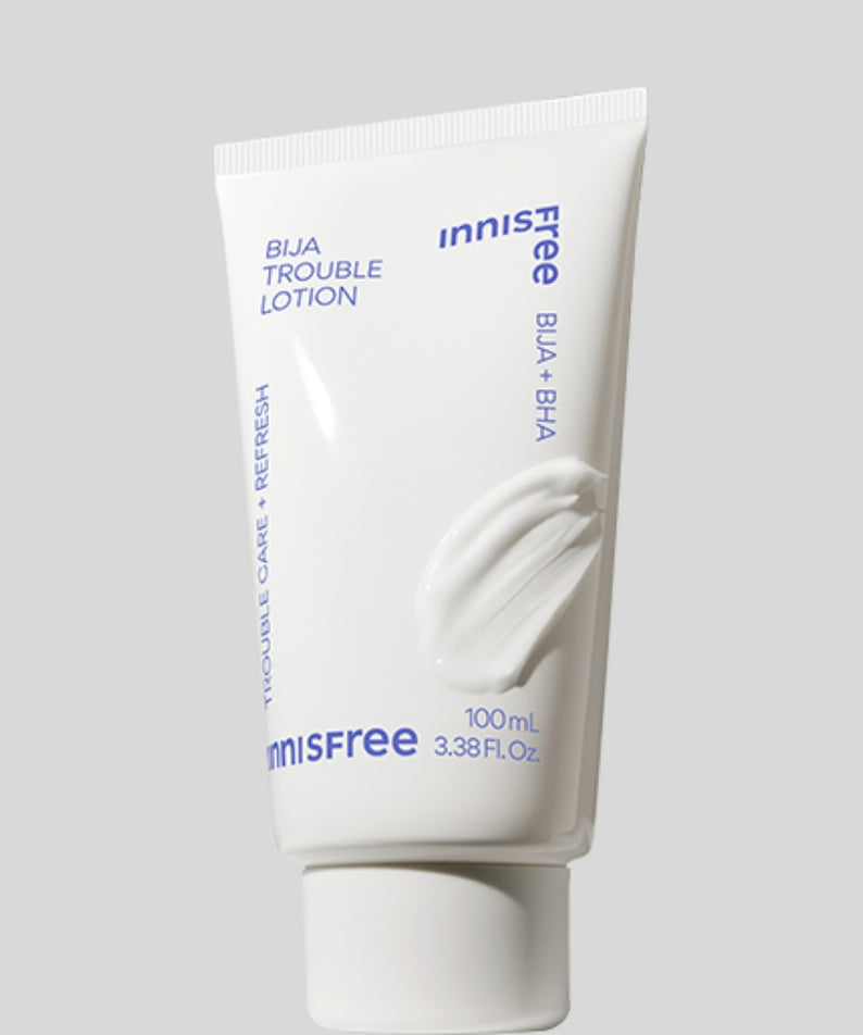 INNISFREE Bija Trouble Lotion 100ml, tube crème skincare de la marque INNISFREE sur fond clair, visuel produit