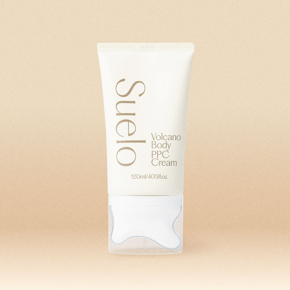 SUELO Volcano Body PPC Cellulite Cream 120ml, tube crème anti-cellulite sur fond beige, vue produit de marque SUELO.