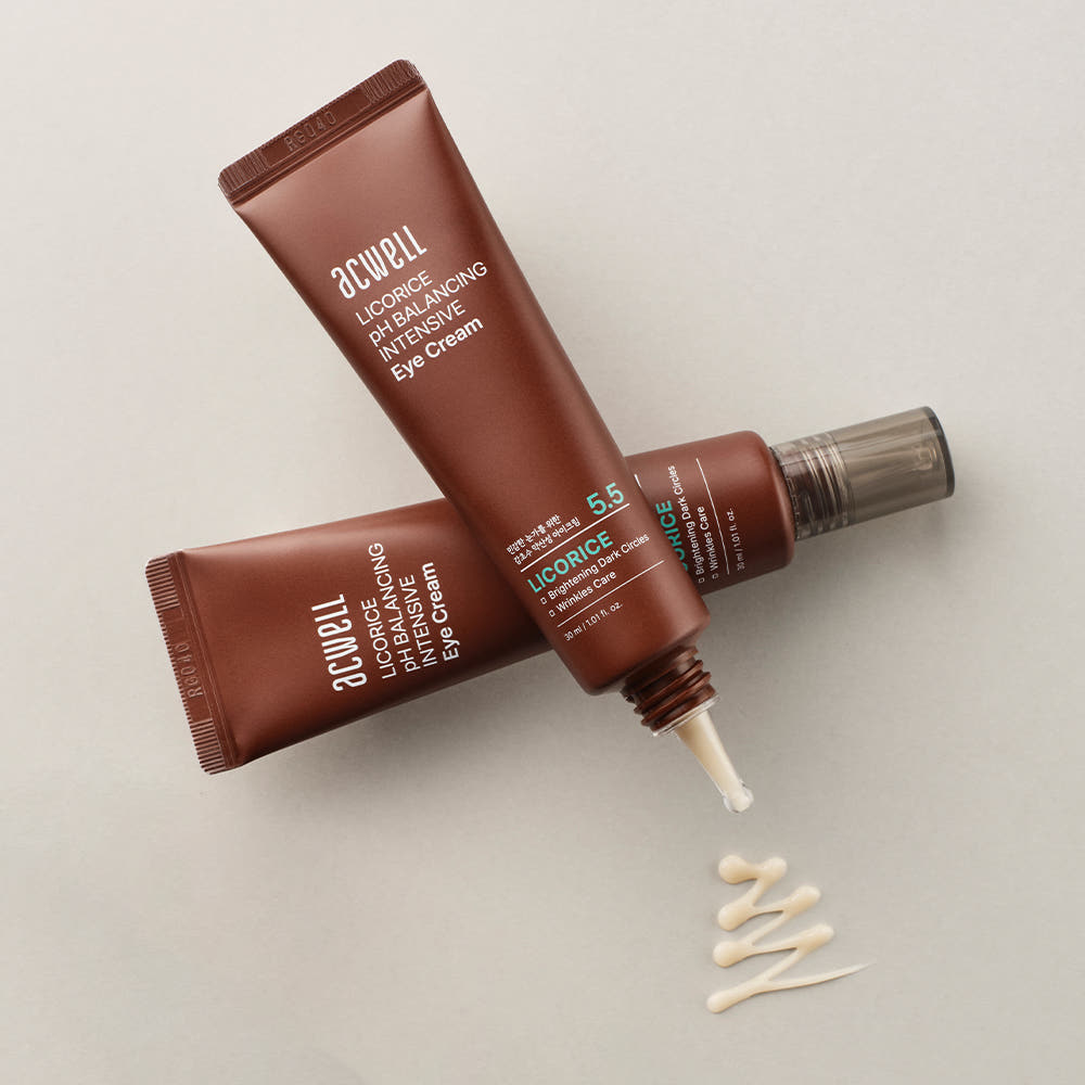 ACWELL Licorice Ph Balancing Eye Cream 30ml, tube et crème sous forme de point, marque ACWELL sur fond clair.