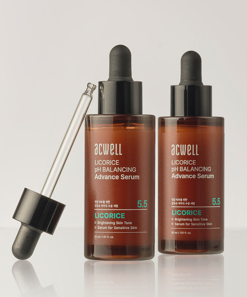 ACWELL Licorice Ph Balancing Advance Serum 30ml de la marque ACWELL sur fond clair, deux flacons avec pipette.