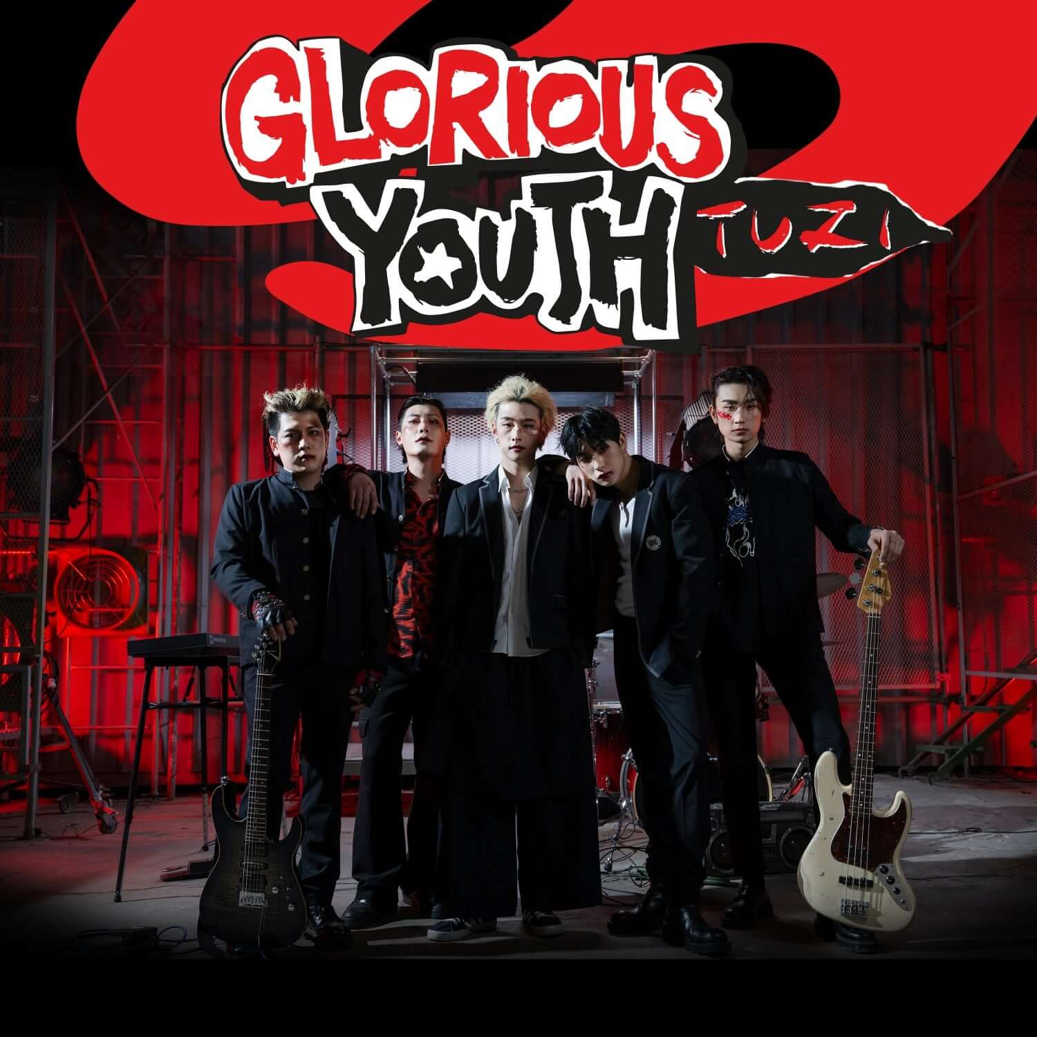 2Z - 8th EP [Glorious Youth] - Album Kpop, couverture avec groupe 2Z en concert rock rouge, ambiance studio
