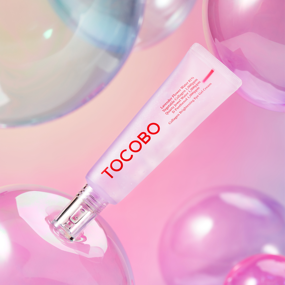 TOCOBO Collagen Brightening Eye Gel Cream 30ml, tube sous lueurs roses et bleues sur décor cosmétique, gros plan produit.