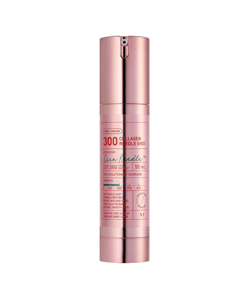 Flacon rose du soin VT COSMETICS Collagen Reedle Shot®, produit cosmétique antirides pour une peau lisse et régénérée.