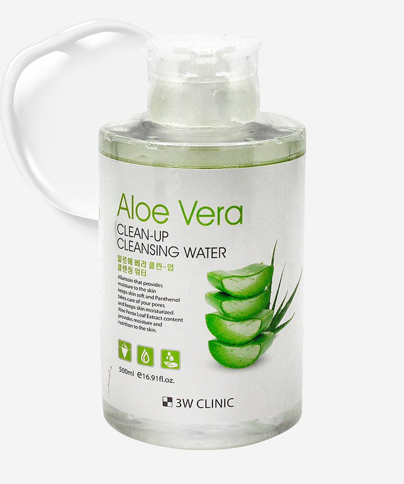 3W CLINIC Aloe Vera Clean Up Cleansing Water 500ml, flacon 500ml à base d'aloe vera pour un nettoyage en profondeur.