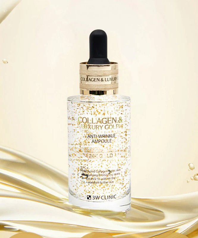 3W CLINIC Collagen & Luxury Gold Anti-Wrinkle Ampoule 55ml sur fond doré, flacon élégant pour le soin de la peau anti-âge.