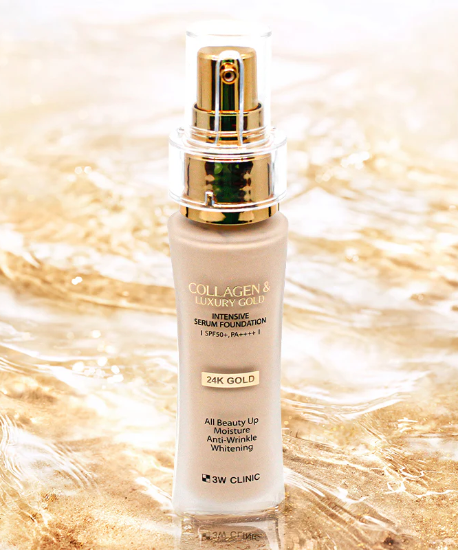 3W CLINIC Collagen & Luxury Gold Intensive Serum Foundation 40g, flacon doré sur fond champagne scintillant, packaging 3W CLINIC.