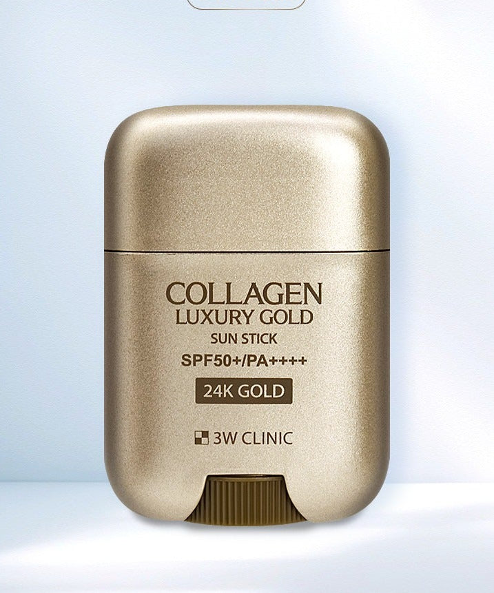 3W CLINIC Collagen & Luxury Gold Sun Stick 18g, protection solaire luxueuse, emballage doré, produit beauté coréen, SPF élevé.