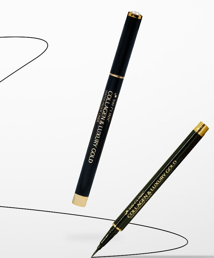 3W CLINIC Collagen & Luxury Gold Waterproof Liner 0.8g, eyeliner waterproof doré et collagène pour un maquillage longue durée.