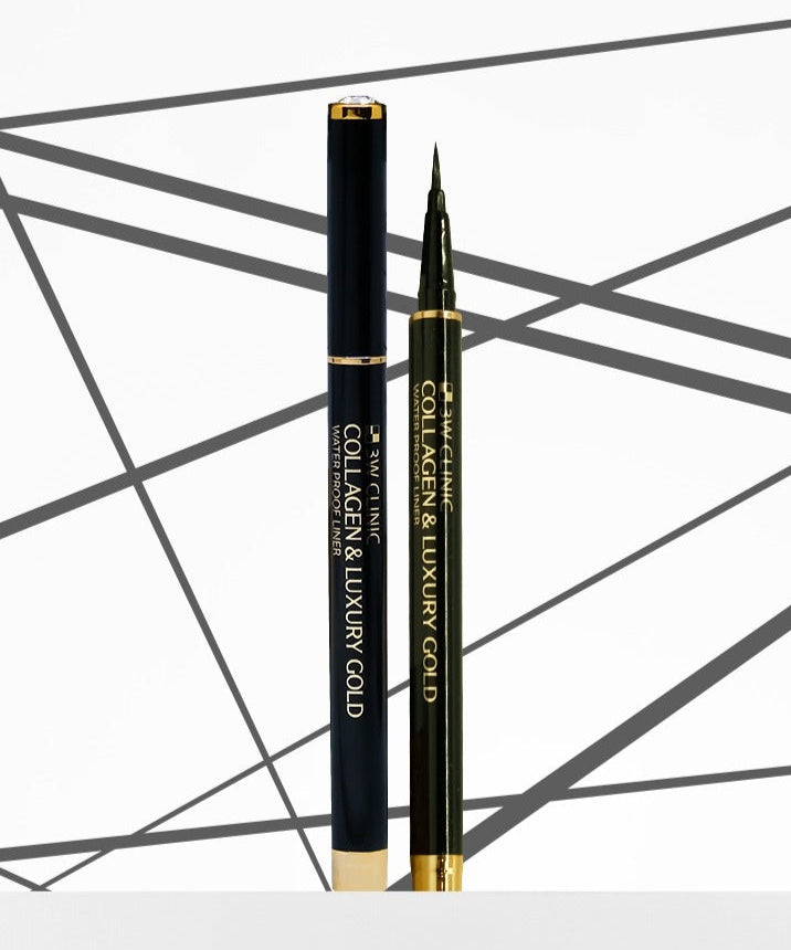 3W CLINIC Collagen & Luxury Gold Waterproof Liner 0.8g sur fond graphique moderne, produit de maquillage de luxe résistant à l'eau.