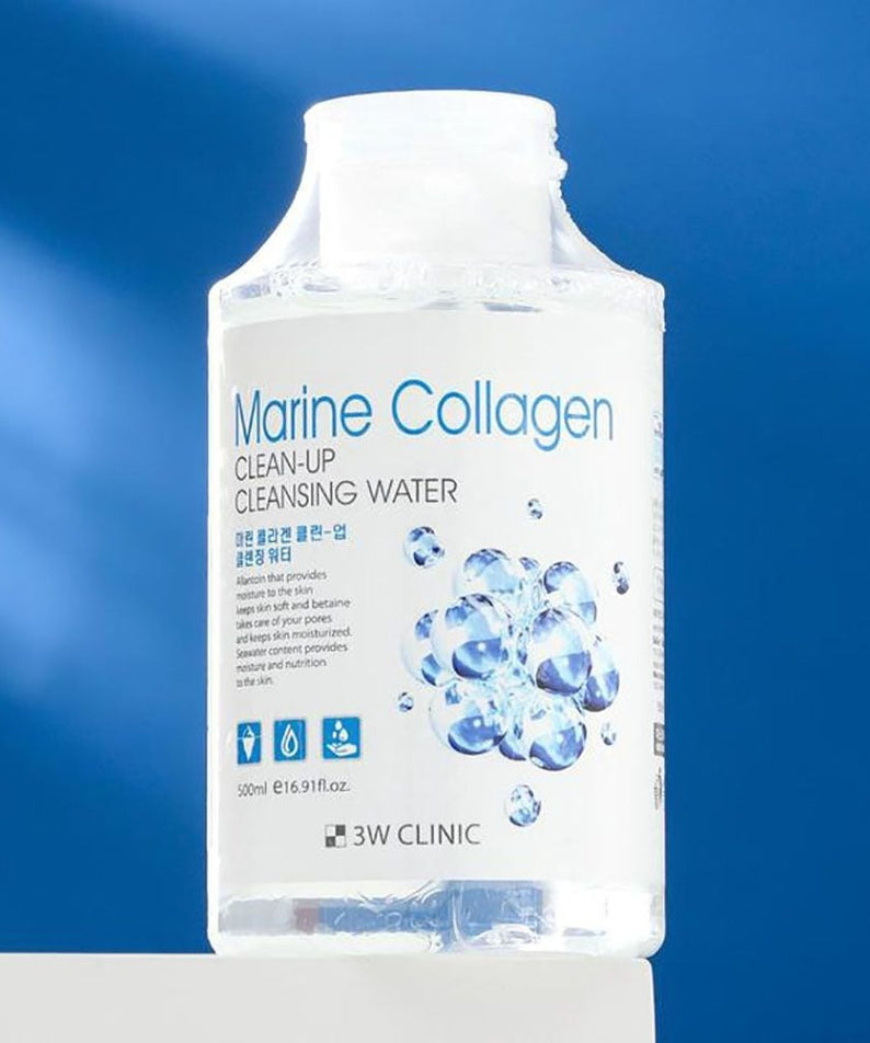 3W CLINIC Marine Collagen Clean Up Cleansing Water 500ml sur fond bleu