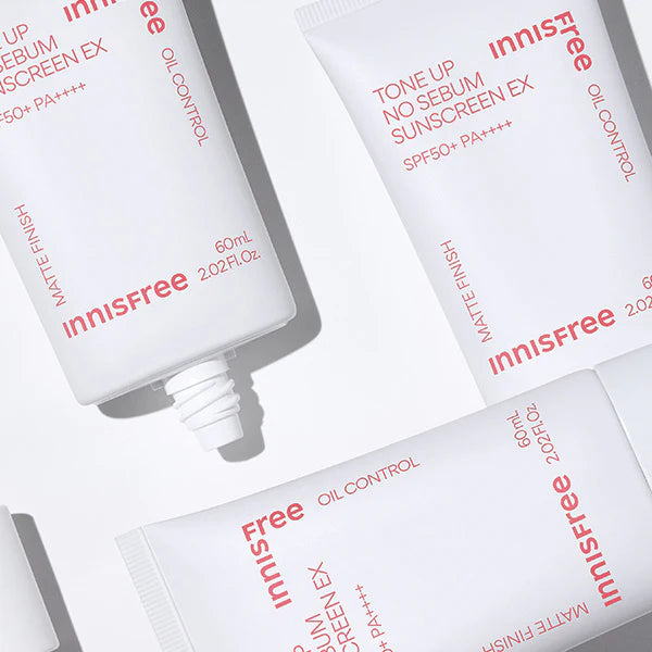 INNISFREE Tone Up No Sebum Sunscreen EX SPF 50+ PA++++ 60ml, tubes blancs sur fond clair, visuel produit Innisfree.