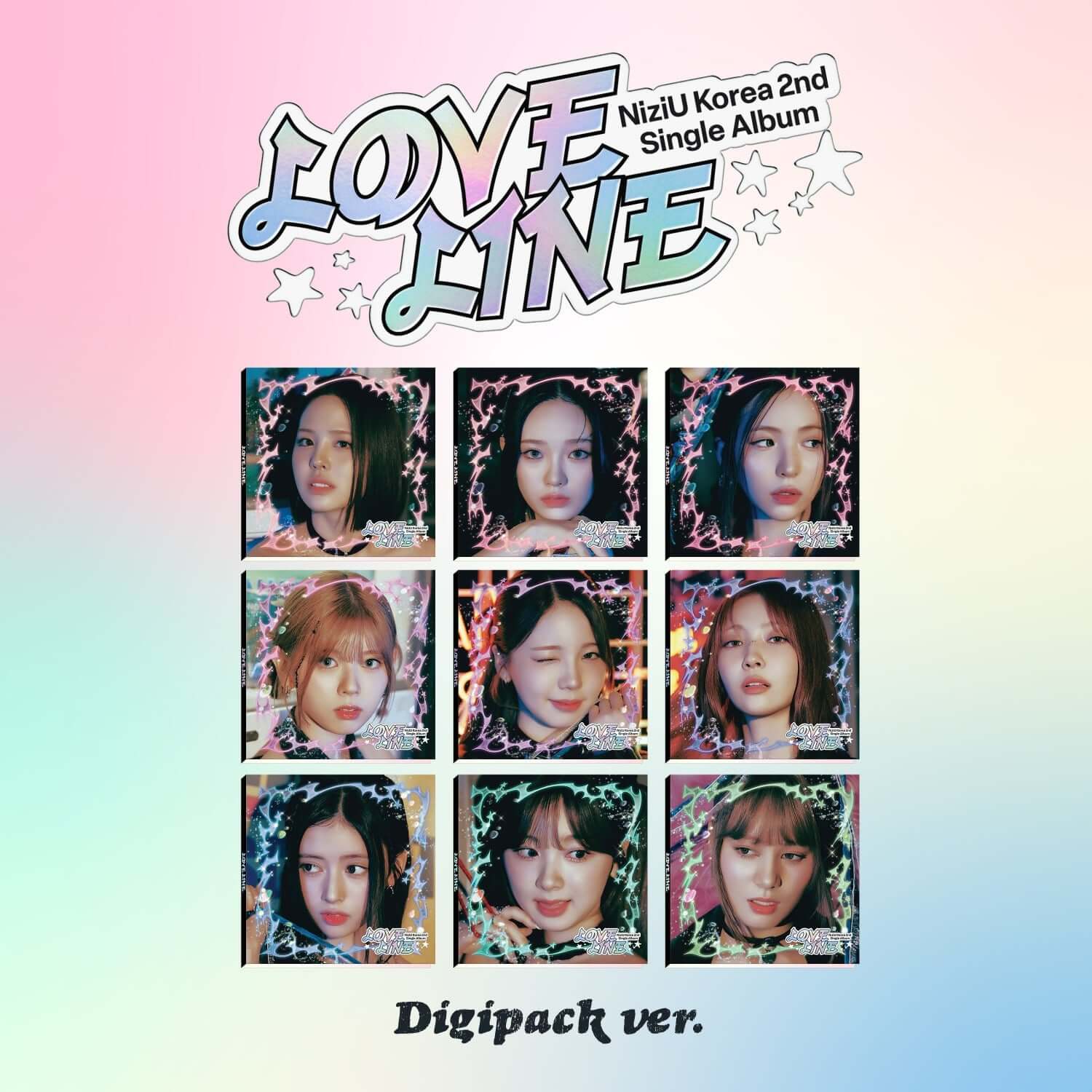 NIZIU - [LOVE LINE] - Album Kpop, digipack avec portraits colorés sur fond rose-bleu, marque NIZIU, visuel frais