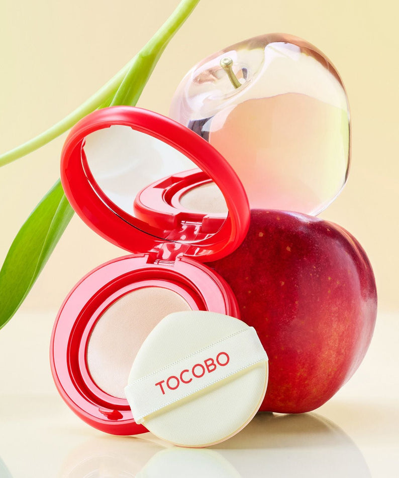 TOCOBO Apple Dewy Fit Cushion : coussin démaquillant/beauty, boîtier blanc et rouge, pomme et ombre studio, marque TOCOBO