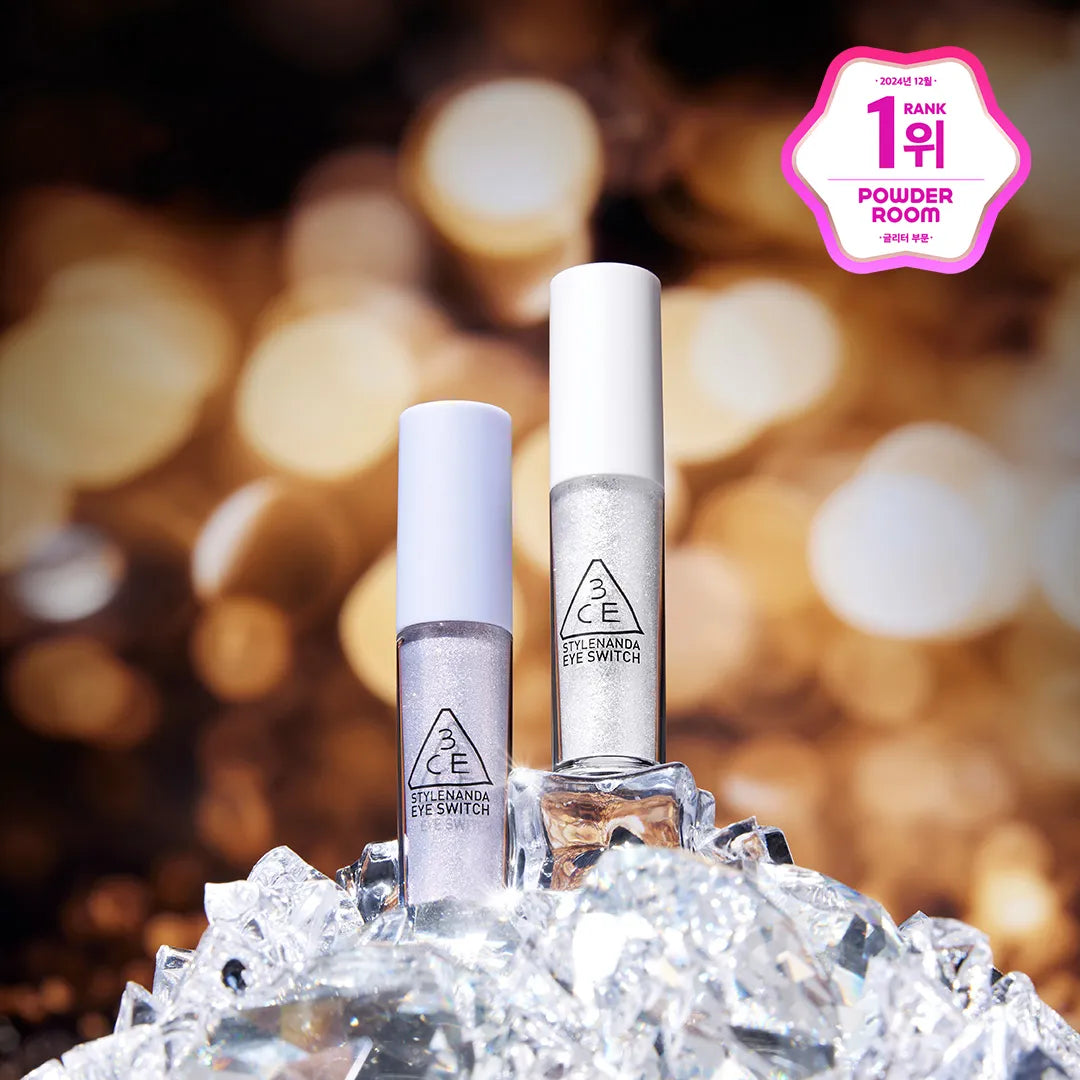 3CE  Eye Switch, fard pour les yeux 3CE en flacons sur glace, fond bokeh chaleureux, maquillage décoratif