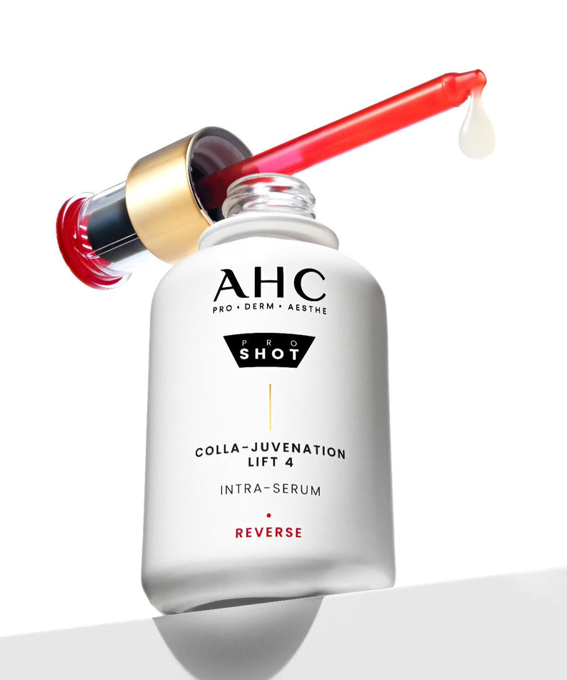 Flacon de 40ml de AHC Pro Shot Cola Juvenation Lift 4 Intra Serum, sérum anti-âge effet liftant avec pipette rouge.