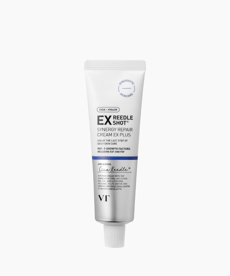 Crème VT COSMETICS Reedle Shot® Synergy Repair Cream Ex Plus - 50ml, soin réparateur pour peau, tube blanc sur fond clair.