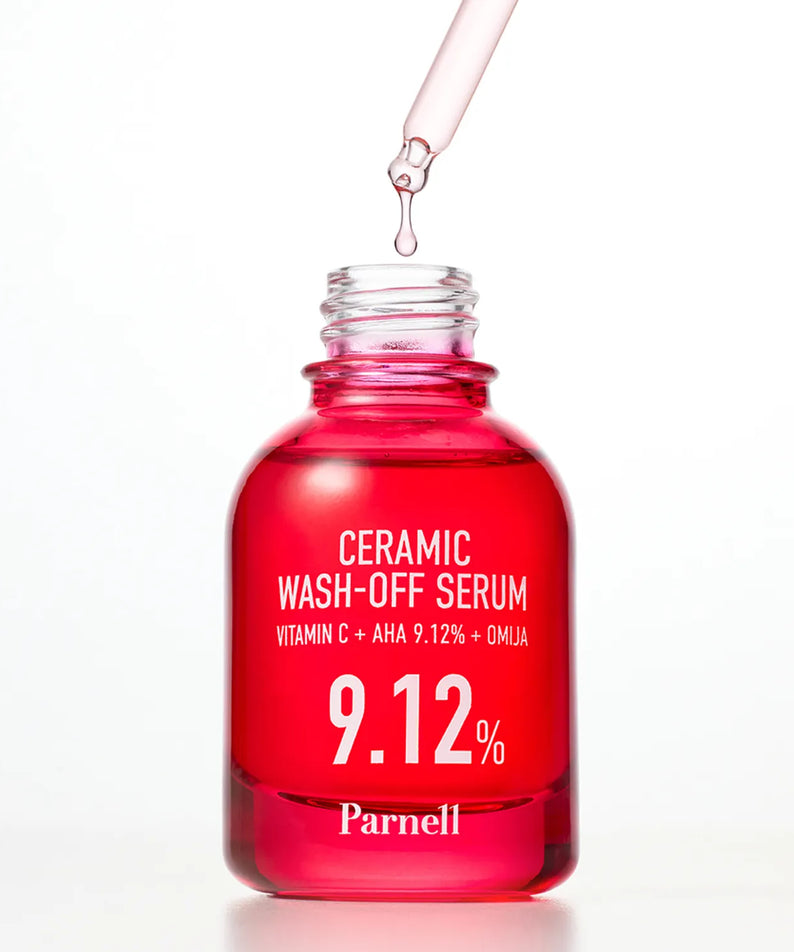 PARNELL  AHA 9.12 Caremic Wash-Off Serum 30ml : flacon rouge avec goutte, visuel cosmétique sur fond blanc.