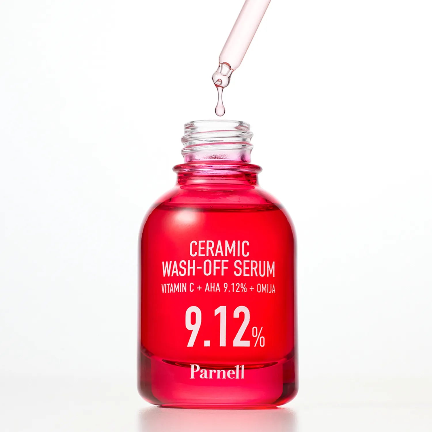 PARNELL  AHA 9.12 Caremic Wash-Off Serum 30ml : flacon rouge avec goutte, visuel cosmétique sur fond blanc.
