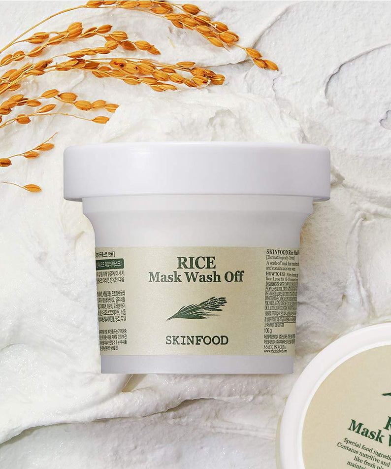 SKINFOOD Rice Mask Wash Off 120g de SKINFOOD, pot crème sur fond pierre blanche avec grains de riz