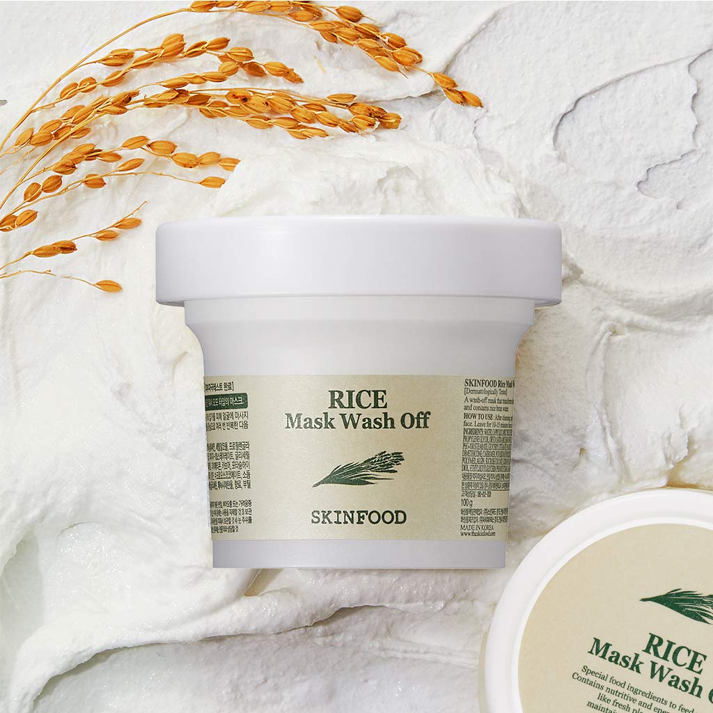 SKINFOOD Rice Mask Wash Off 120g de SKINFOOD, pot crème sur fond pierre blanche avec grains de riz