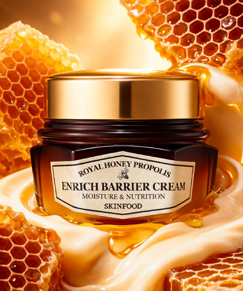 SKINFOOD Royal Honey Propolis Enrich Barrier Cream 63ml : pot et miel royal, cire d’abeille fond doré, visuel beauté.