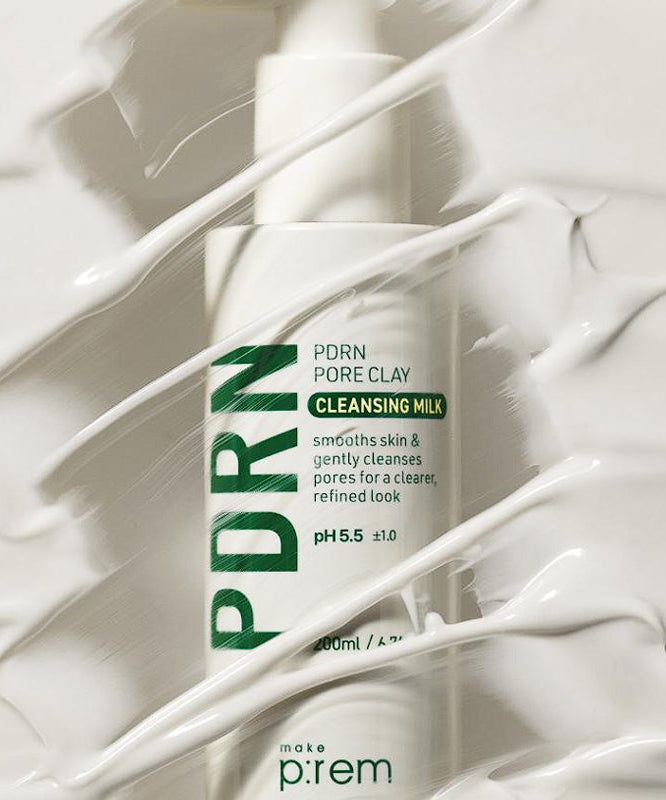 MAKE P:REM PDRN Pore Clay Cleansing Milk 500ml en texture lait pour un nettoyage en profondeur et un teint purifié.
