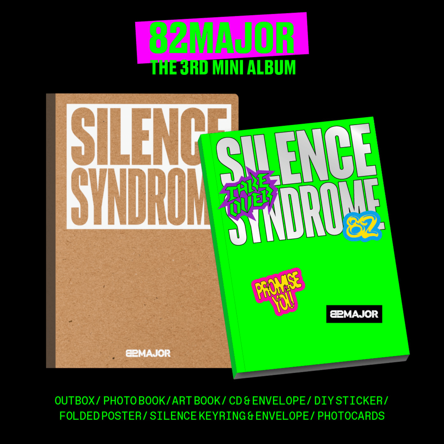 82MAJOR - [SILENCE SYNDROME] - Album Kpop : pochette verte et kraft, texte Silence Syndrome, style street, boîte produit 82MAJOR.