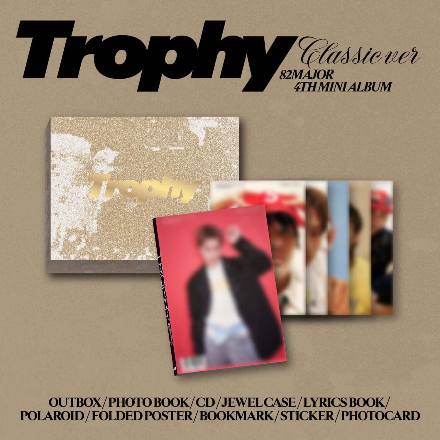 82MAJOR - [Trophy] (Classic ver.) - Album Kpop, couverture trophée doré sur fond beige avec photo et accessoires.